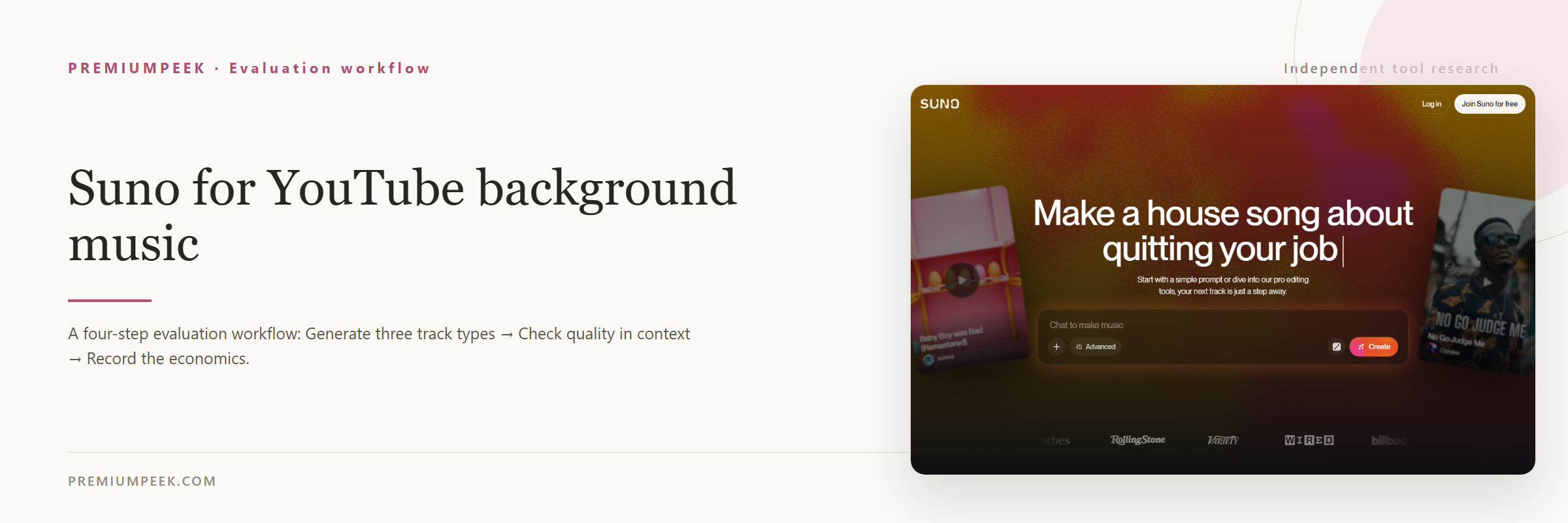 Suno for YouTube background music — evaluation workflow steps